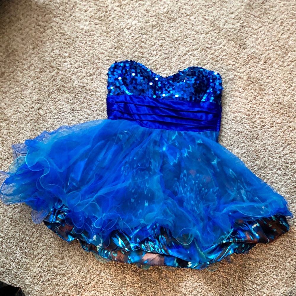 Blue/turquoise sequin and chiffon cocktail dress